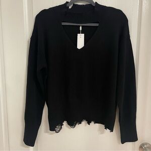 525 America Black Long Sleeve Cut Out Front Distressed Sweater Size L (Juniors)